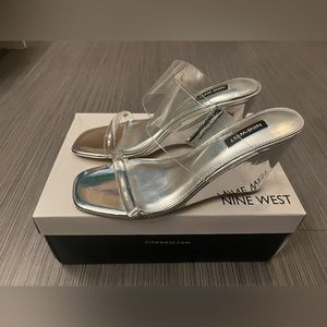 Brand new silver sandal wedge with clear upper 3.5” heel